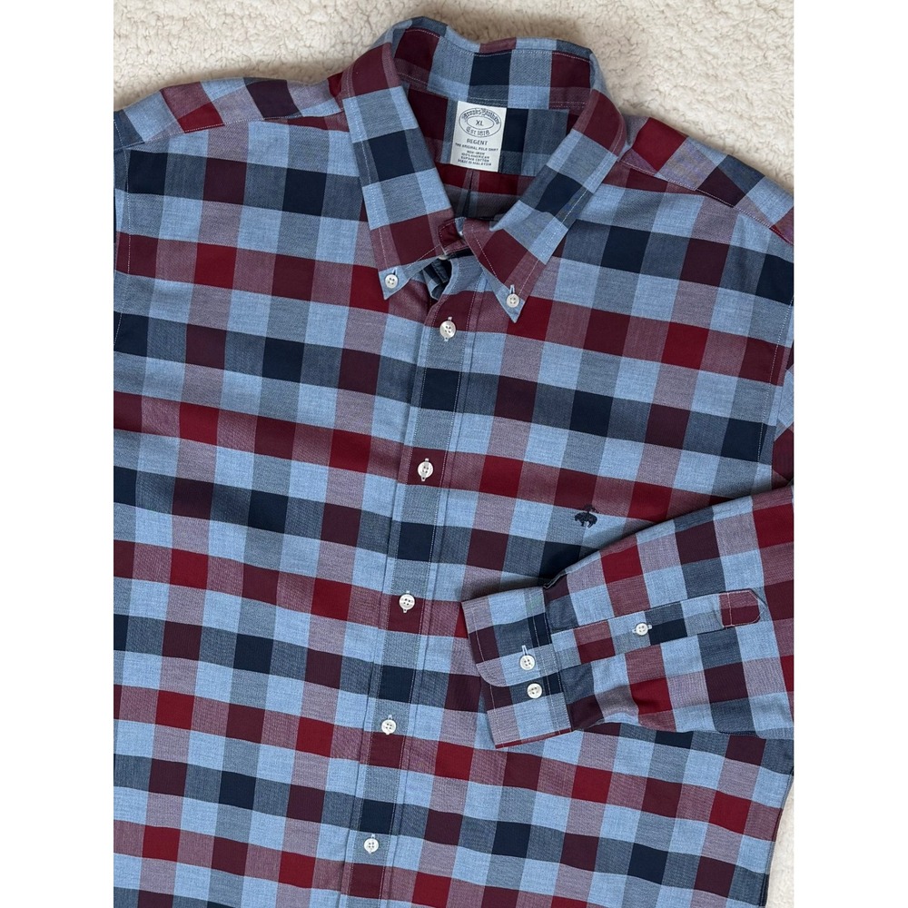 Brooks Brothers Mens XL Regent Fit Non-Iron Supima Cotton Check Shirt Blue Red